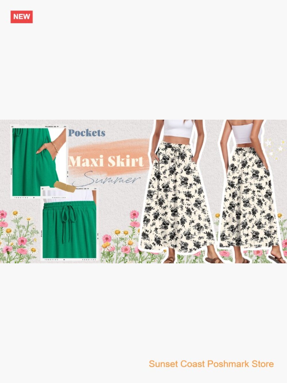 Flowy Maxi Skirt with Pockets Elastic Waist Boho Pleated Casual - Picture 7 of 7